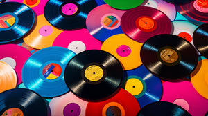 An image of scattered colorful vinyl records